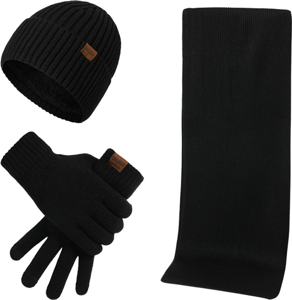 3-Teilige Winter-Mütze, wärmerer Schal, Touchscreen-Handschuhe für Männer&Frauen,Schwarz