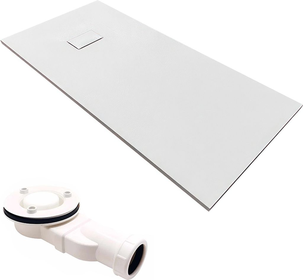 A white rectangular shower tray and a white drain assembly are shown against a white background.