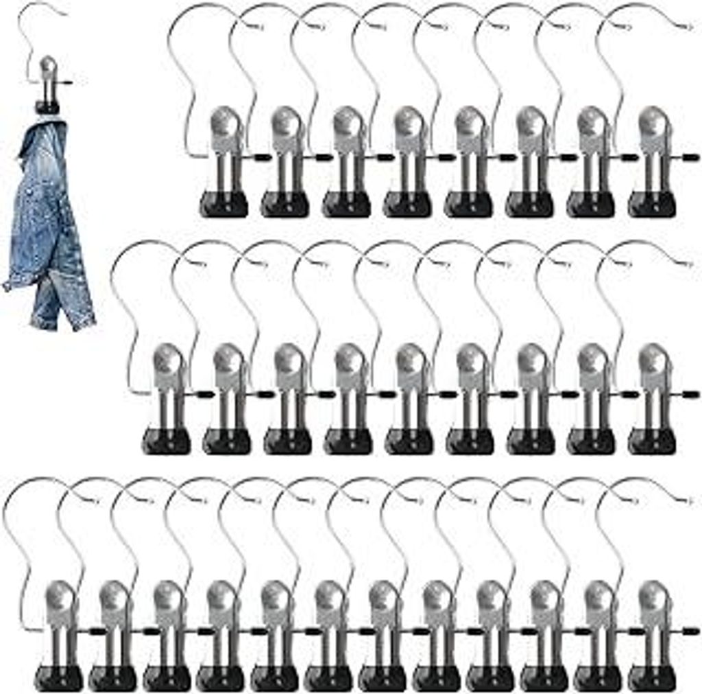 Wäscheklammern Edelstahl, 30 Stück Metallklammern Camping Klammern mit Haken rutschfest Kleiderbügel Clip 360° Drehbar Stiefel Aufhänger Metal...