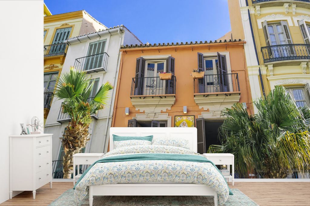 MuchoWow Fototapete für Wohnzimmer oder Schlafzimmer Wandtapete Vinyl Motivtapete Sommerliche Farben an den Fassaden von Gebäuden in Málaga, S...