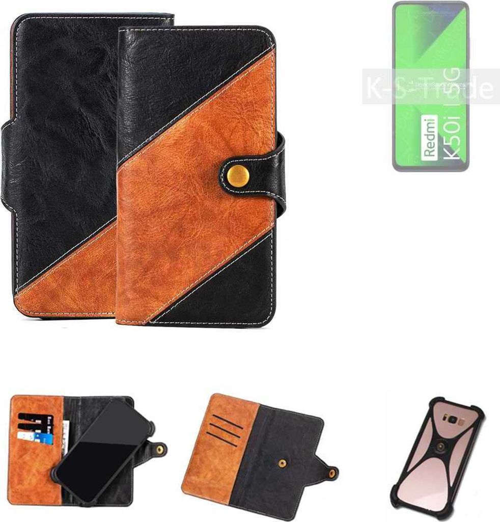 K-S-Trade Handyhülle Schutzhülle Bookstyle Case Wallet-Case kompatibel mit Xiaomi Redmi K50i 5G Handy Cover Bumper Klapphülle schwarz hellbraun 1x