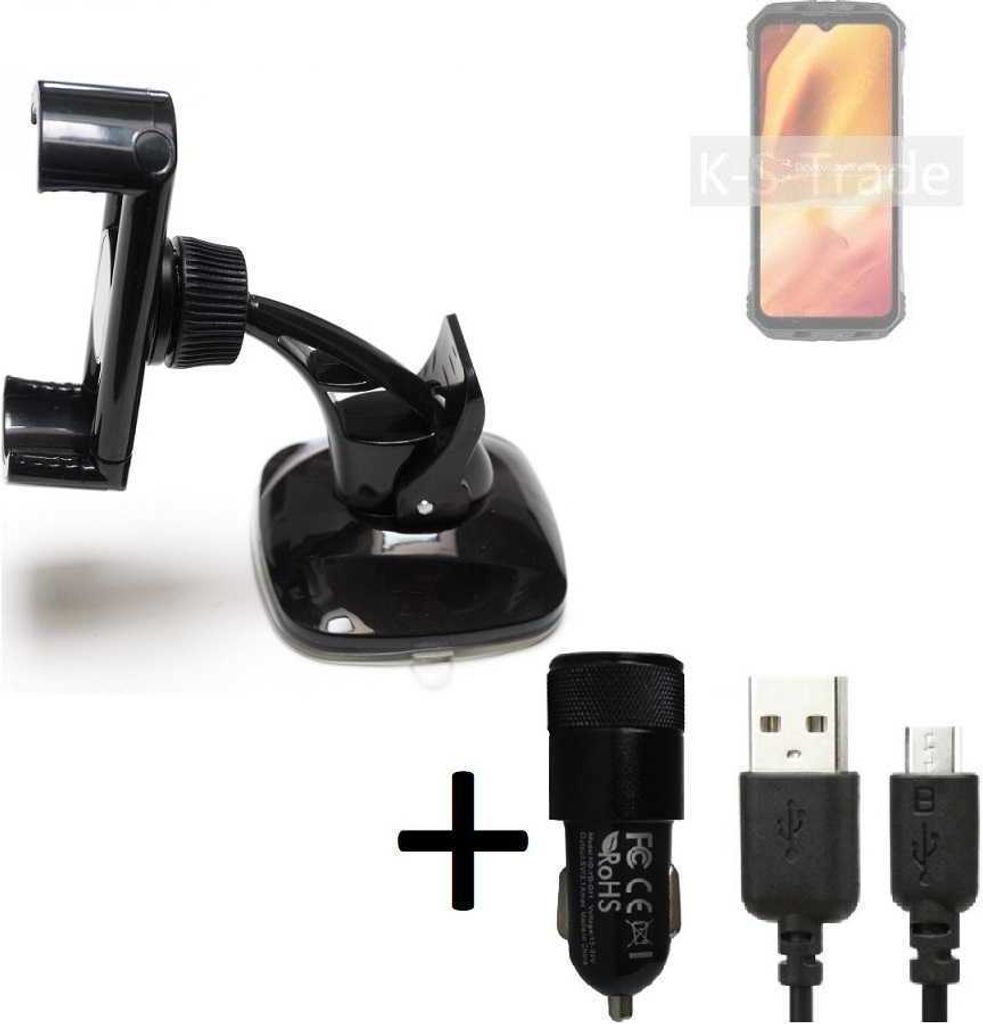 K-S-Trade Halterung kompatibel mit Doogee V Max Windschutzscheibe / Armaturenbrett + LADEGERÄT mit Mico USB Kabel Autohalterung KFZ Halter