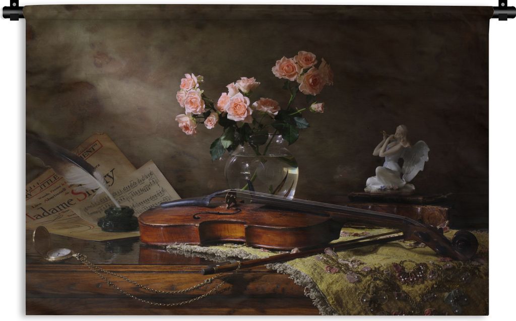MuchoWow Wandteppich Wandbehang Violine - Rosen - Rosa - Blumen - Stilleben 150x100 cm Tapisserie Dekoration Wandtuch - Waschbar - Tapisserien - ...