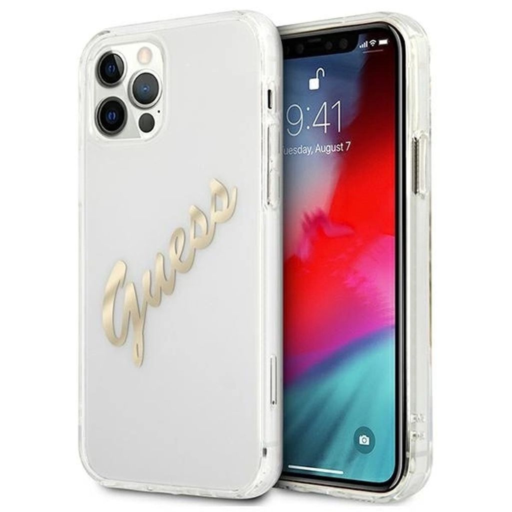Guess GUHCP12MKTRSVGO iPhone 12/12 Pro 6.1 Transparente Hardcase Vintage Script Gold Handyhülle