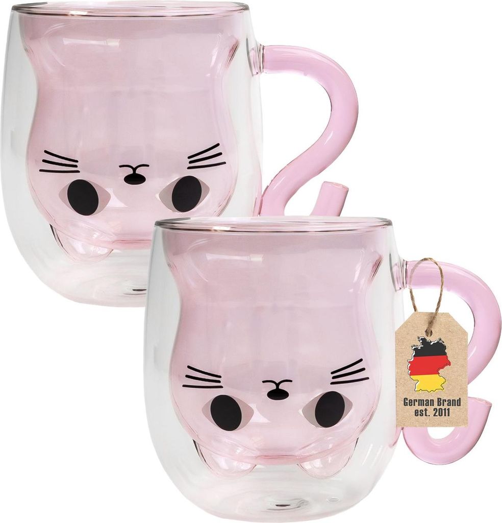 Intirilife 2x Thermo Glas Doppelwandig mit Design Katze in Pink - 200ml Füllmenge - Isolierte Tassen Becher aus Glas hitzebeständig für kalte un...