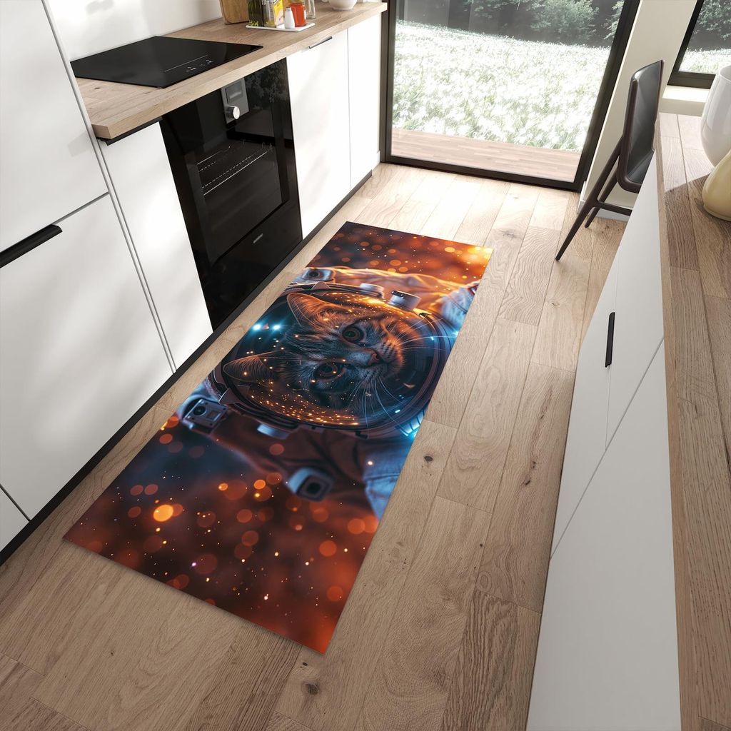 Küchenteppich 80x200cm rutschfest & abwischbar PVC Läufer - Katze im Raumanzug