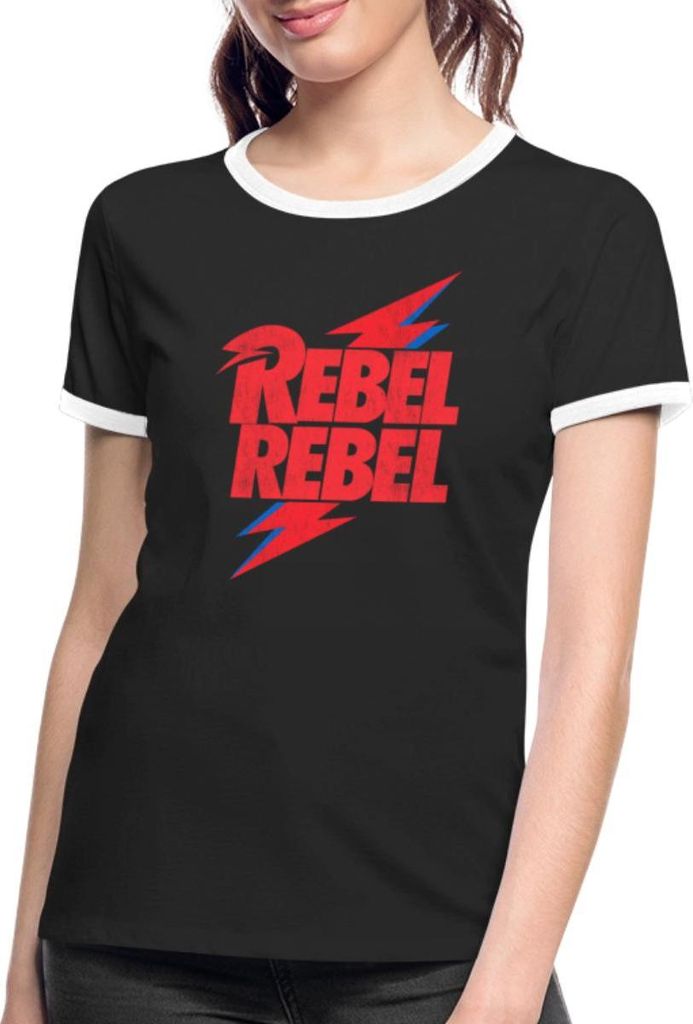 Spreadshirt David Bowie Rebel Rebel Mit Blitz Frauen Kontrast T-Shirt, S, Schwarz/Weiß
