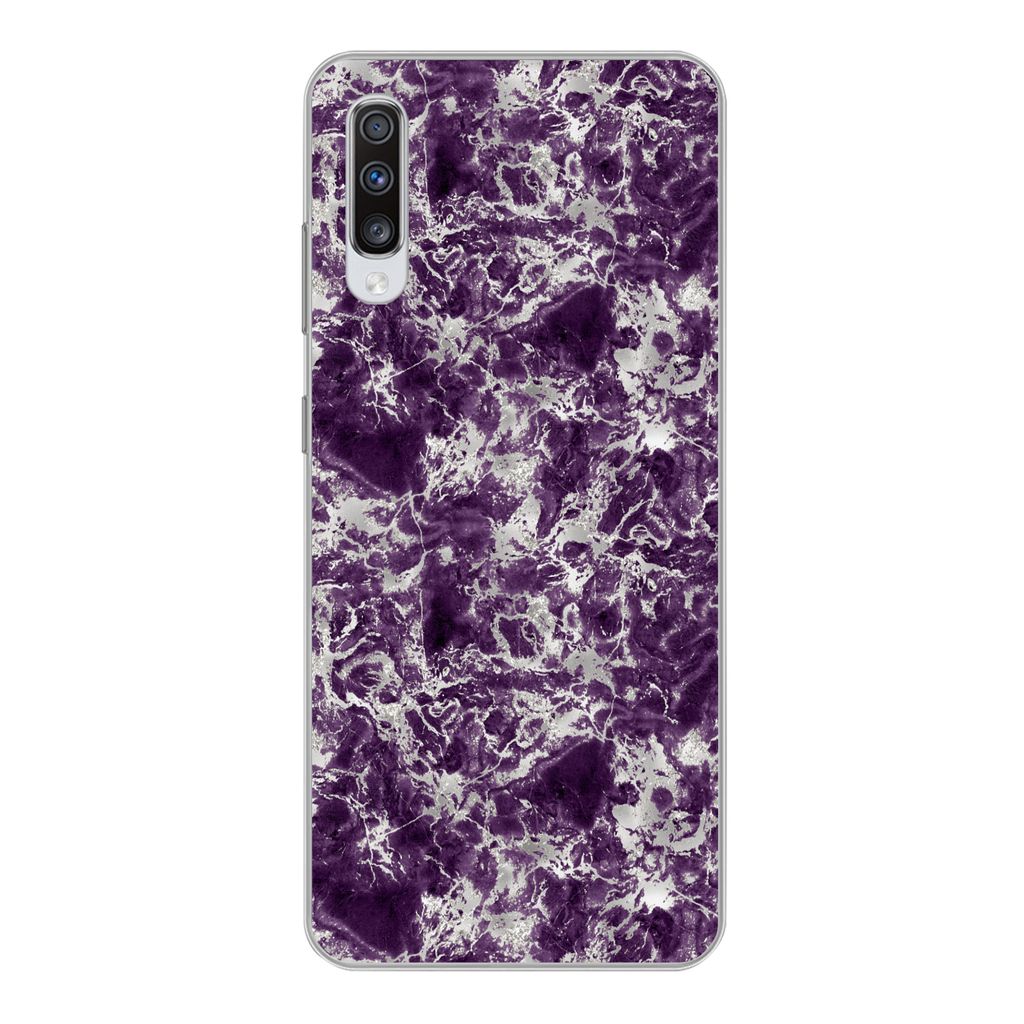 MuchoWow Handyhülle Schutzhülle Hülle für Samsung Galaxy A70 Marmor - Lila - Silber - Muster Silikon Softcase Handy Hülle - Schutzhaube