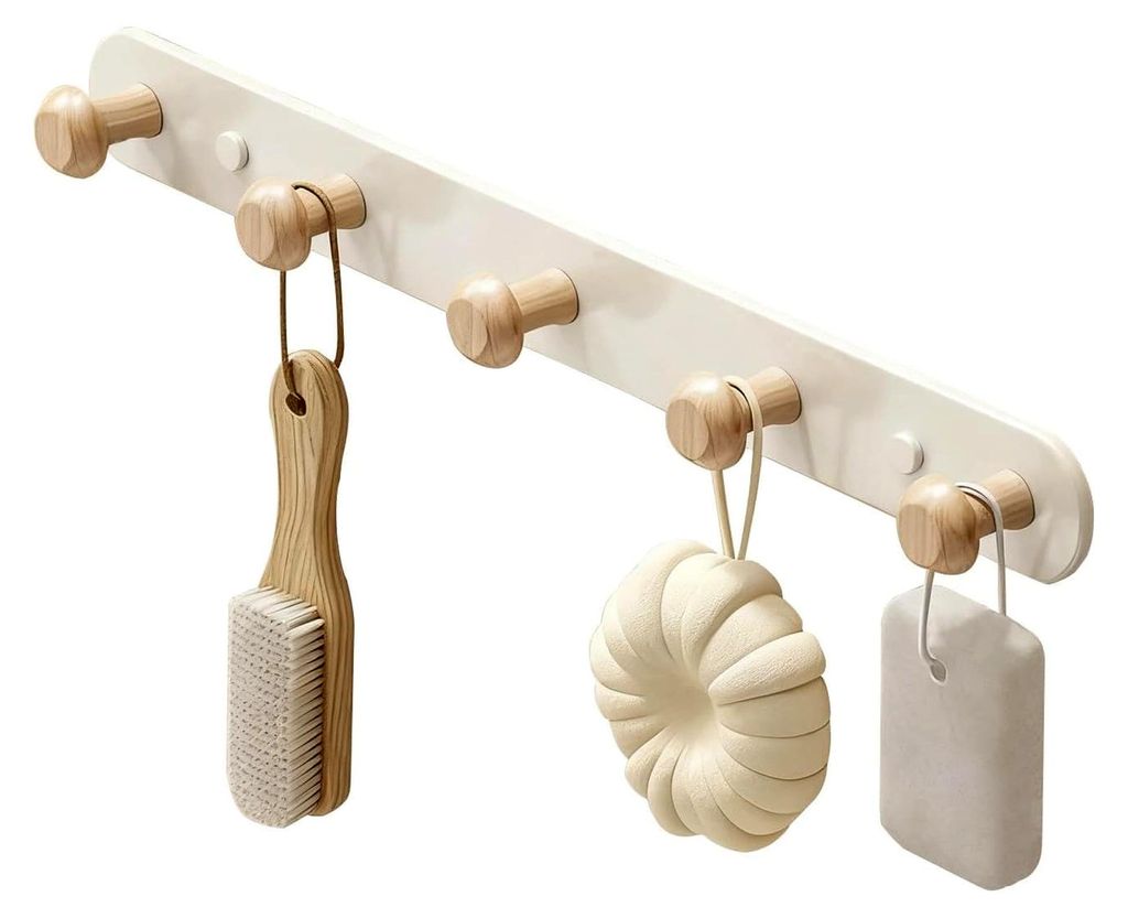 Kindergarderobe mit 5 Holz-Haken, Wandhaken für Flure, Kinderzimmer, Wohnzimmer, Schlafzimmer, Badezimmer usw. (36 cm x 3,2 cm)