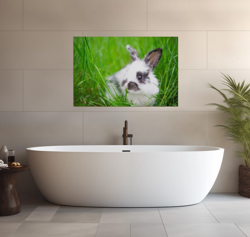 Wallario wasserfestes Poster selbstklebend 91,50 x 61 cm, Süßer Hase im grünen Gras, Badezimmerposter Spritzschutz mit Hochglanzoberfläche in G...