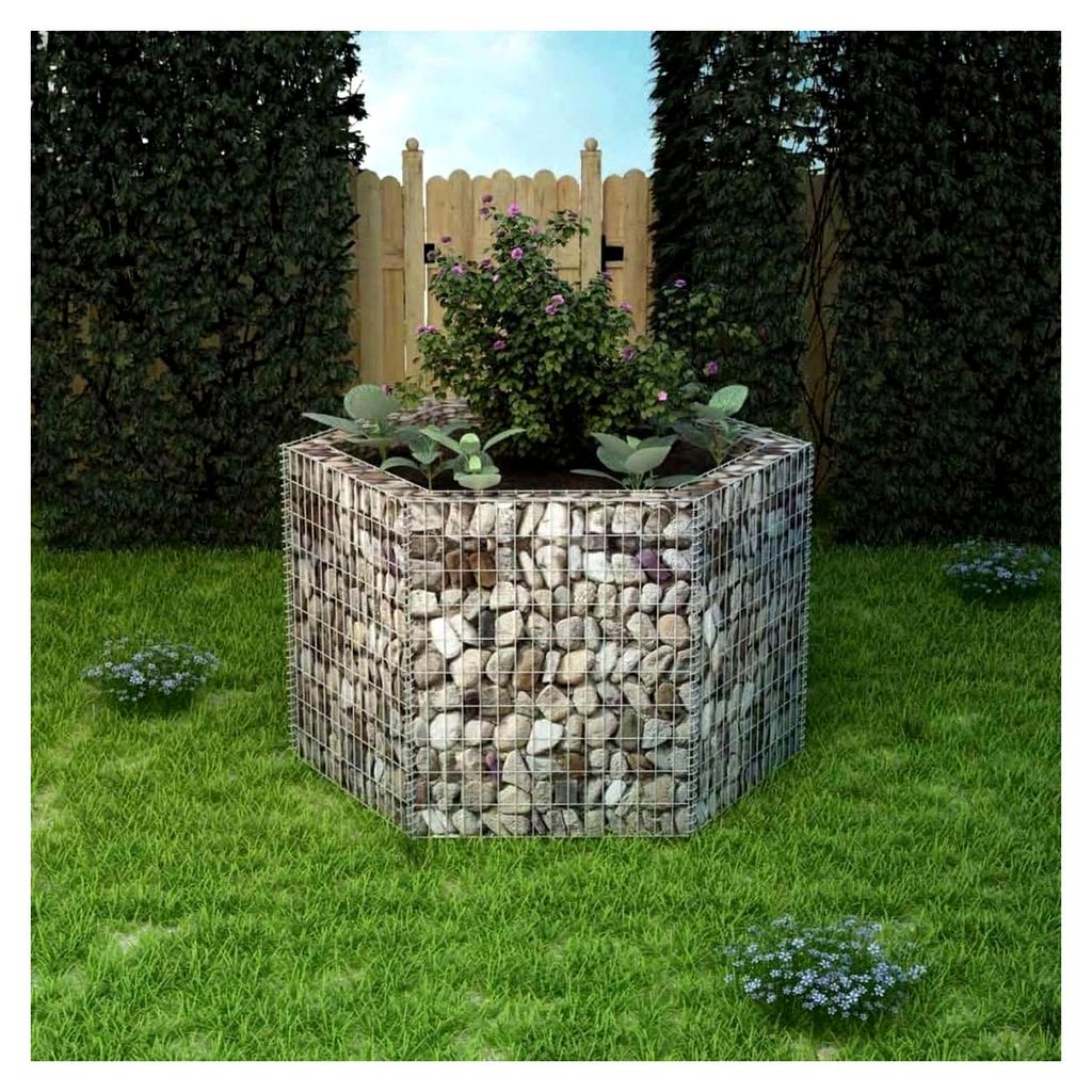 Sechseckiges Gabionen-Hochbeet 160×140×100 cm, Palettenrahmen, Hochteich, Gemüsebeet, Kräuterregal Balkon, Blumenbeet, Kräuterspirale, Tomaten...