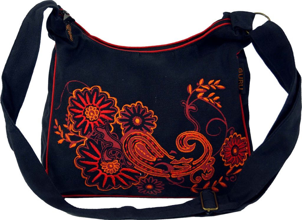 Schultertasche, Hippie Tasche, Goa Tasche - Schwarz/rot, Uni - Erwachsene, Baumwolle, 23*28*12 cm, Alternative Umhängetasche, Handtasche aus Stoff