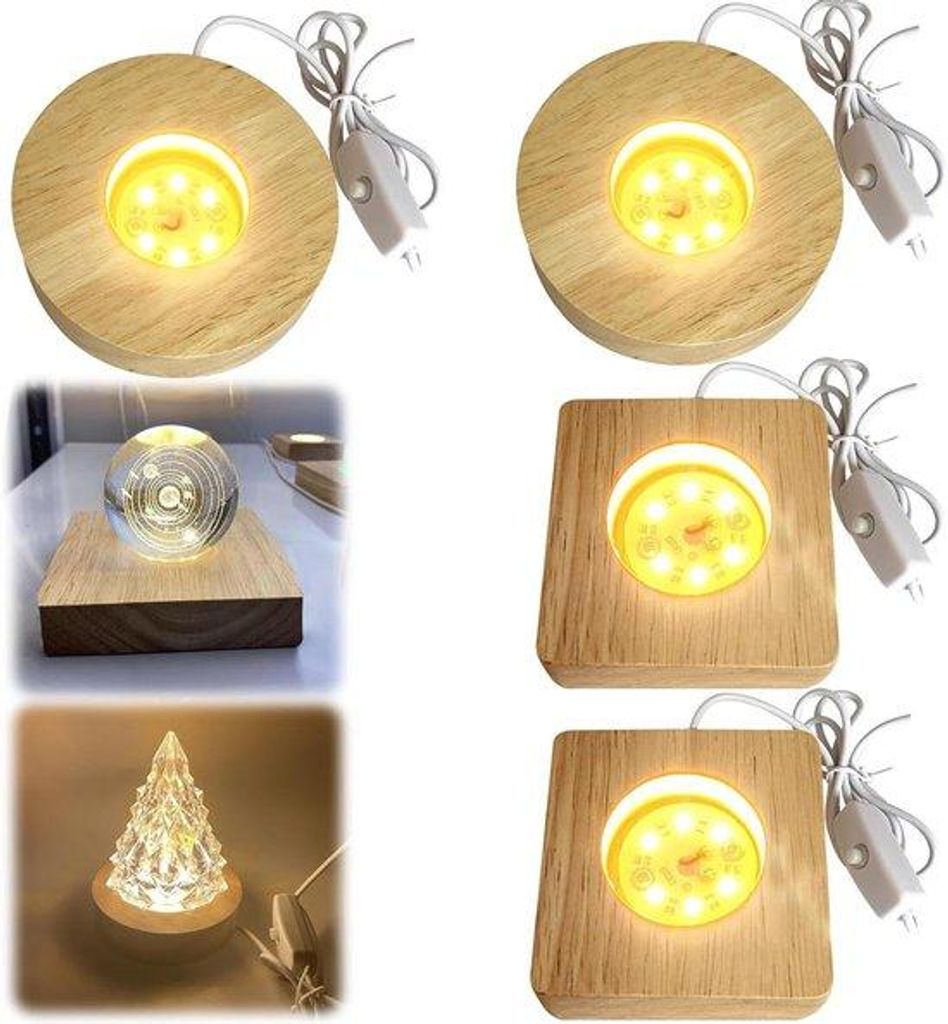 Holz LED Sockel 4-teilig mit USB und Glas Acryl Verlichtung