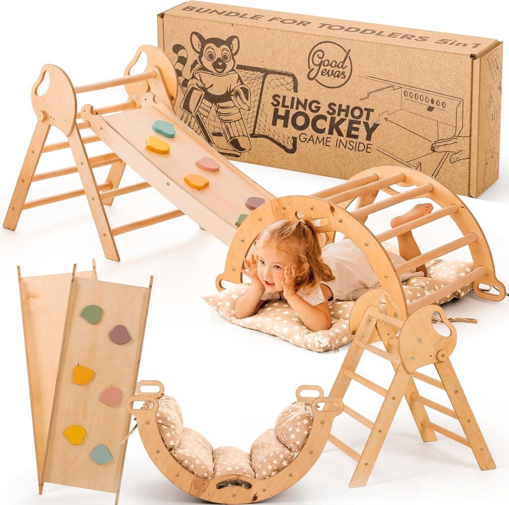 5-in-1 Montessori Klettergerüst Set: Indoor Kletterdreieck, Kletterbogen mit Kissen, und Rutsche für Kinder, Indoor Spielplatz 1-3 Jahre