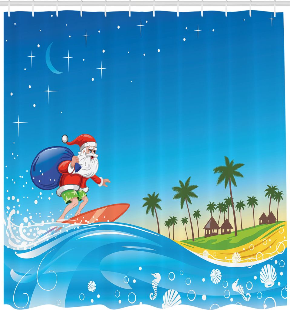 ABAKUHAUS Weihnachten Duschvorhang, Surfender Sankt auf einer Welle mit Sack am tropischen Fantasie-Cartoon des Strand-tropischen Nacht, Stoffliche...
