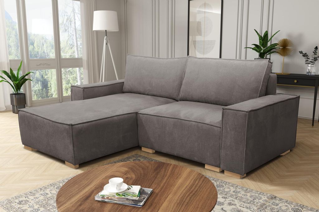 MEBLE LUX Ecksofa SVEN, Schlafsofa L-Form mit Schlaffunktion & Bettkasten, Linke Ottomane - Cord Stoff Grau