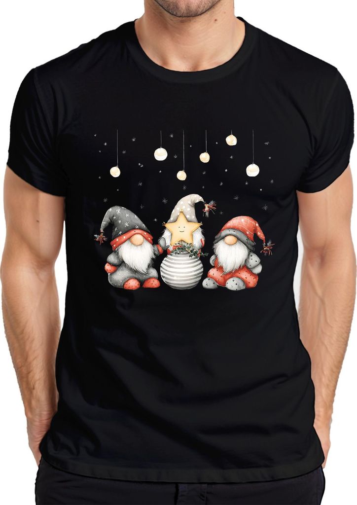 Weihnachtswichtel Stern Kugel skandinavisch süß Geschenk rot grau Herren T-Shirt, Schwarz, S