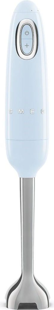 A light blue and silver hand blender shown from the front.