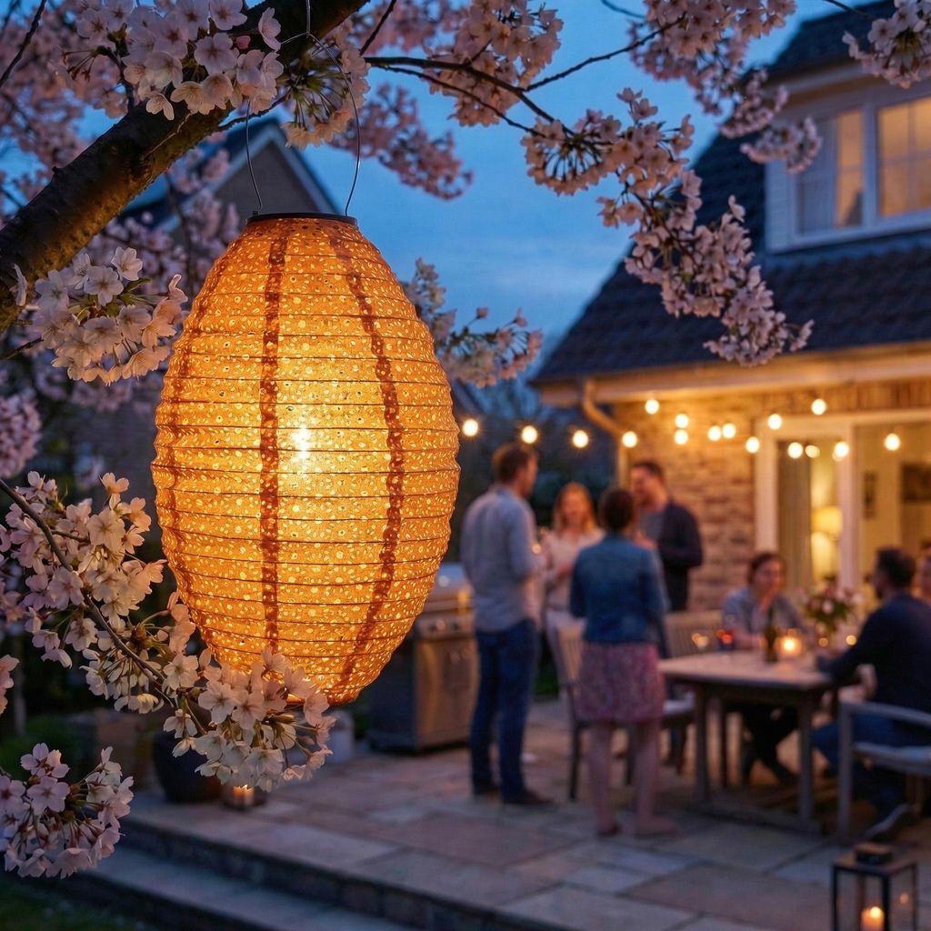 LED Solar Lampion oval - mit Blumenmuster - warmweiße LED - H: 38cm - D: 23cm - Lichtsensor - braun