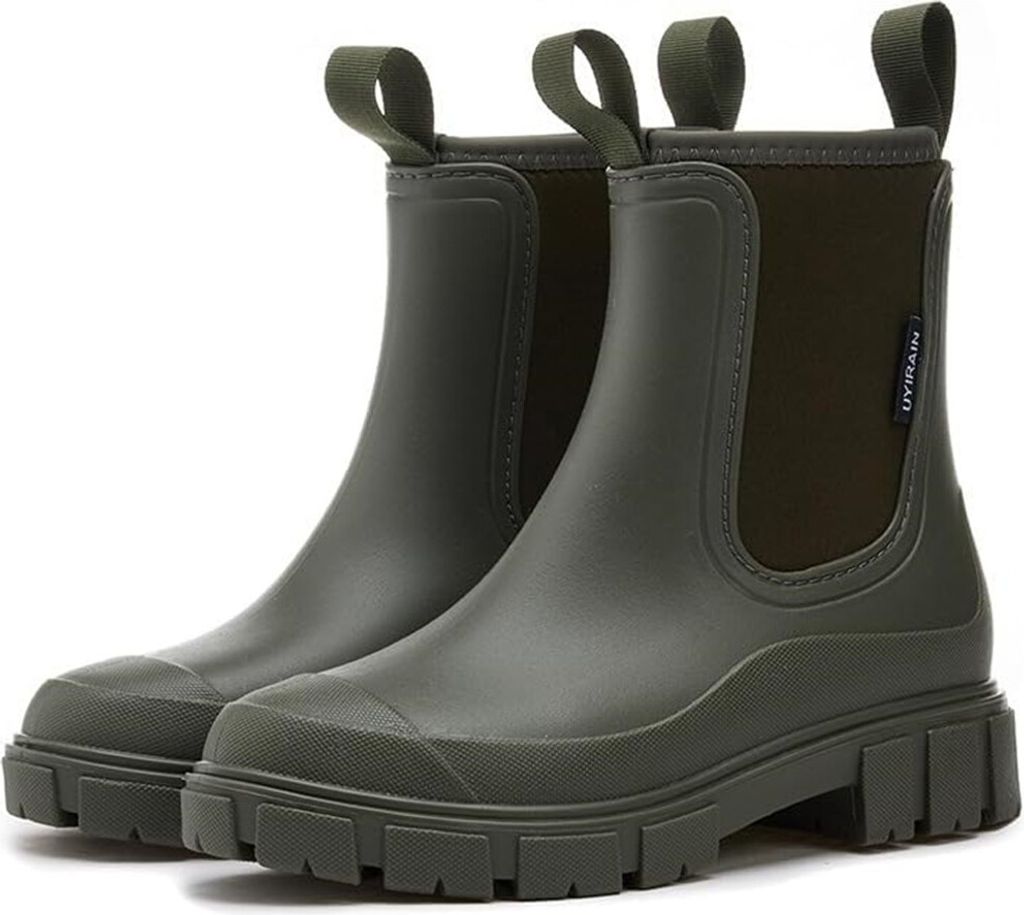 ASKSA Damen Gefuettert Wasserdicht Gummistiefel Halbhohe Chelsea Rutschfeste Regenschuhe Stiefeletten Gartenschuhe Gummistiefeletten,Gruen,Größe:40