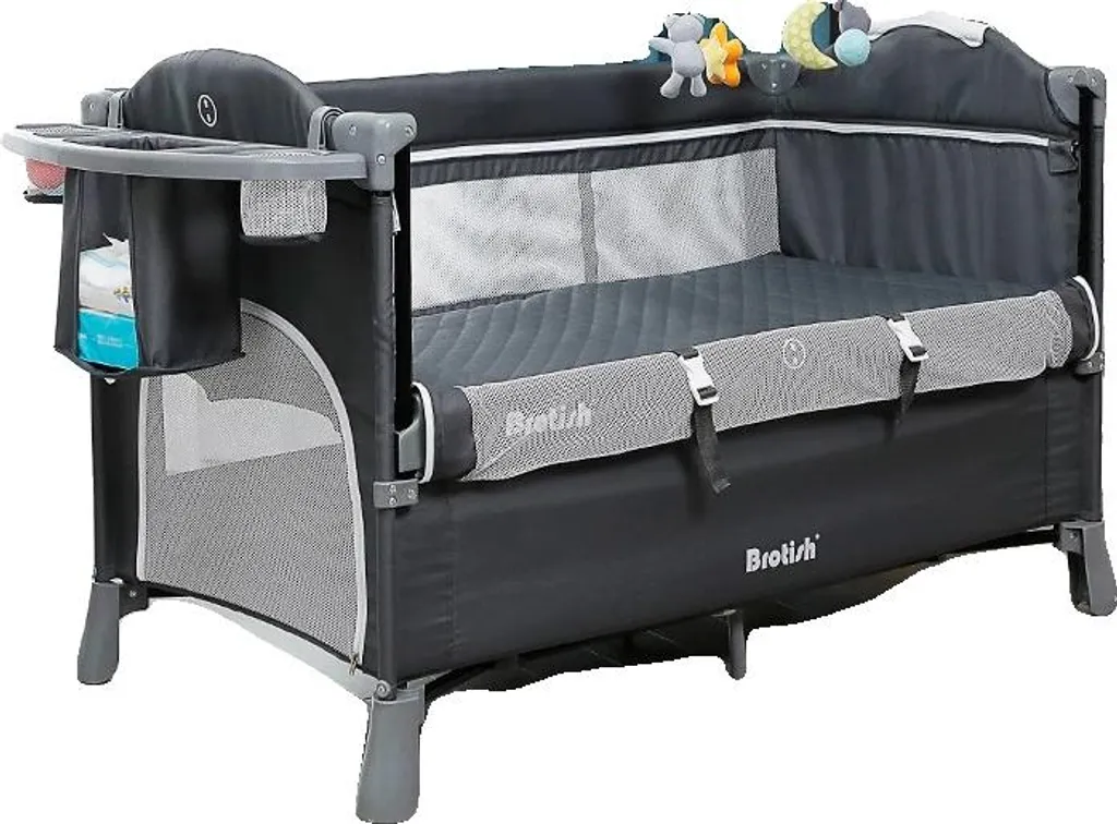 Lit bébé pliant gris multifonctionnel et compact pour gain de place