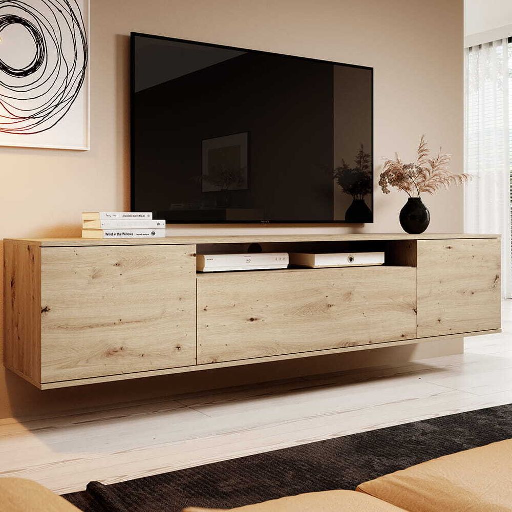 TV-Schrank 200 cm hängend, Fernsehtisch, Lowboard, Eiche Produktbild 