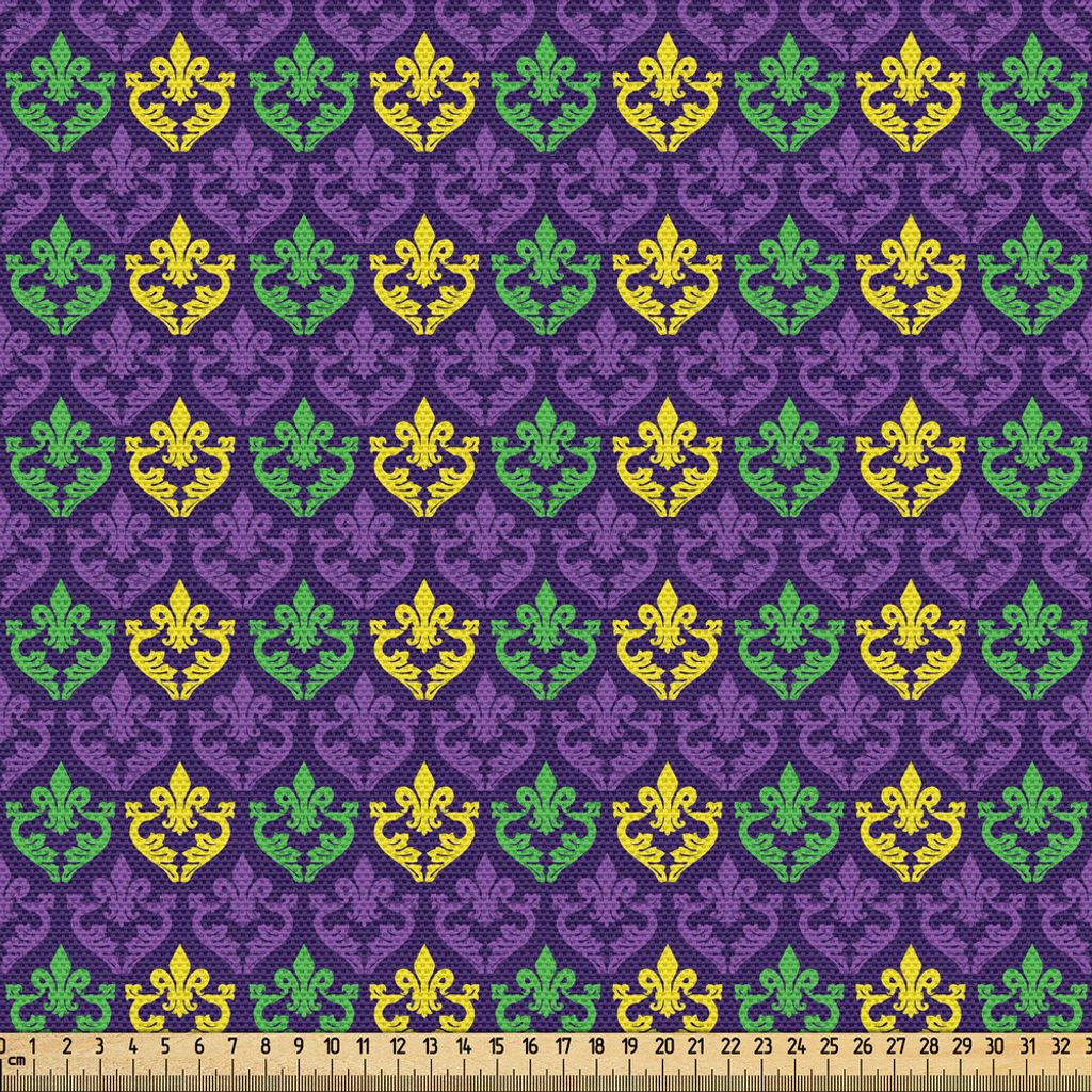 ABAKUHAUS Karneval Gewebe als Meterware, Antike altmodische Motive im Karneval-Feiertags-Farben-Fliesen-Muster, 10 M (148 x 1000 cm), Grün Gelb Lila