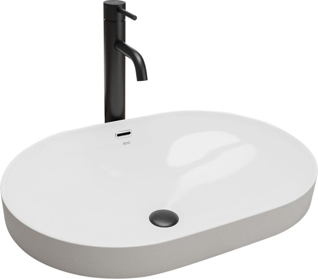 A white oval basin with a black faucet.