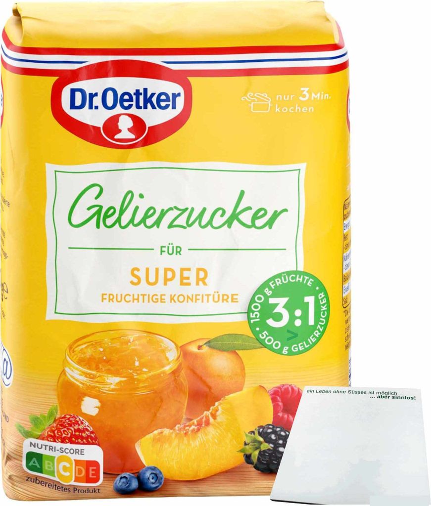 Dr. Oetker Gelierzucker 3:1 für Super fruchtige Konfitüre (500g Packung) + usy Block