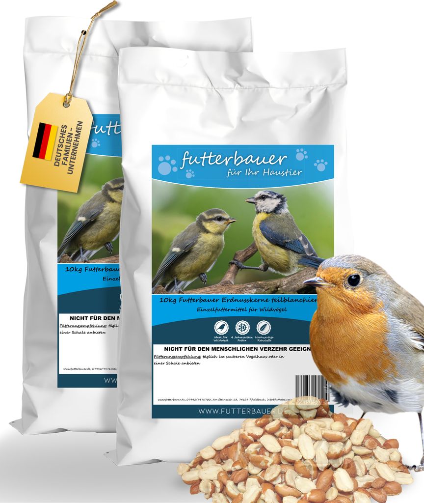 Futterbauer 2 x 10kg Erdnusskerne Erdnüsse teilblanchiert Vogelfutter Ganzjahresvogelfutter