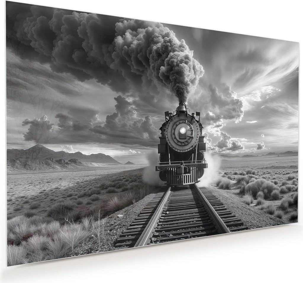 Glasbild 90x60cm in XXL für Wohnzimmer, Schlafzimmer Motiv Dampflok in Wüste