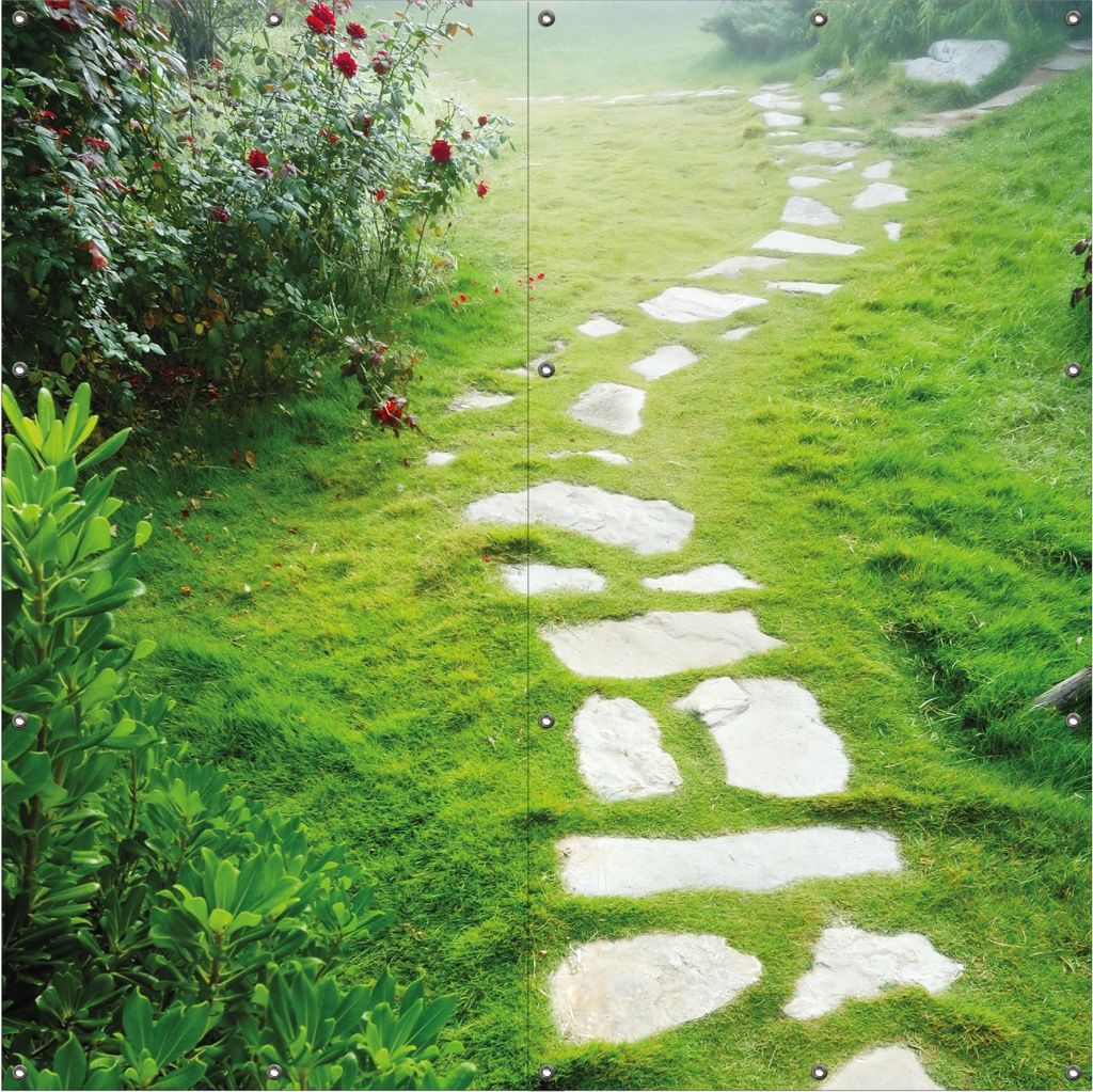 Wallario Outdoor-Poster für Garten oder Balkon, Motiv Steinweg im Grünen, in ca. 180 x 180 cm