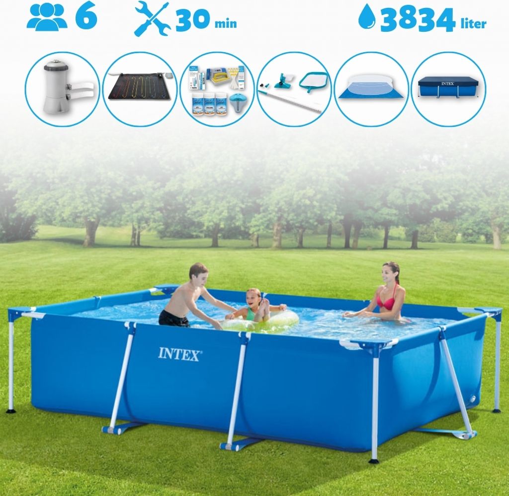 Intex-Schwimmbecken mit rechteckigem Rahmen – 300 x 200 x 75 cm – Blau – im Lieferumfang enthalten Abdeckung - Bodenplane - Filterpumpe für ...