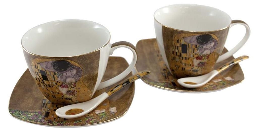 HOME ELEMENTS Set aus zwei Tassen 250 ml mit Untertassen und Löffeln, Klimt,Kiss gold