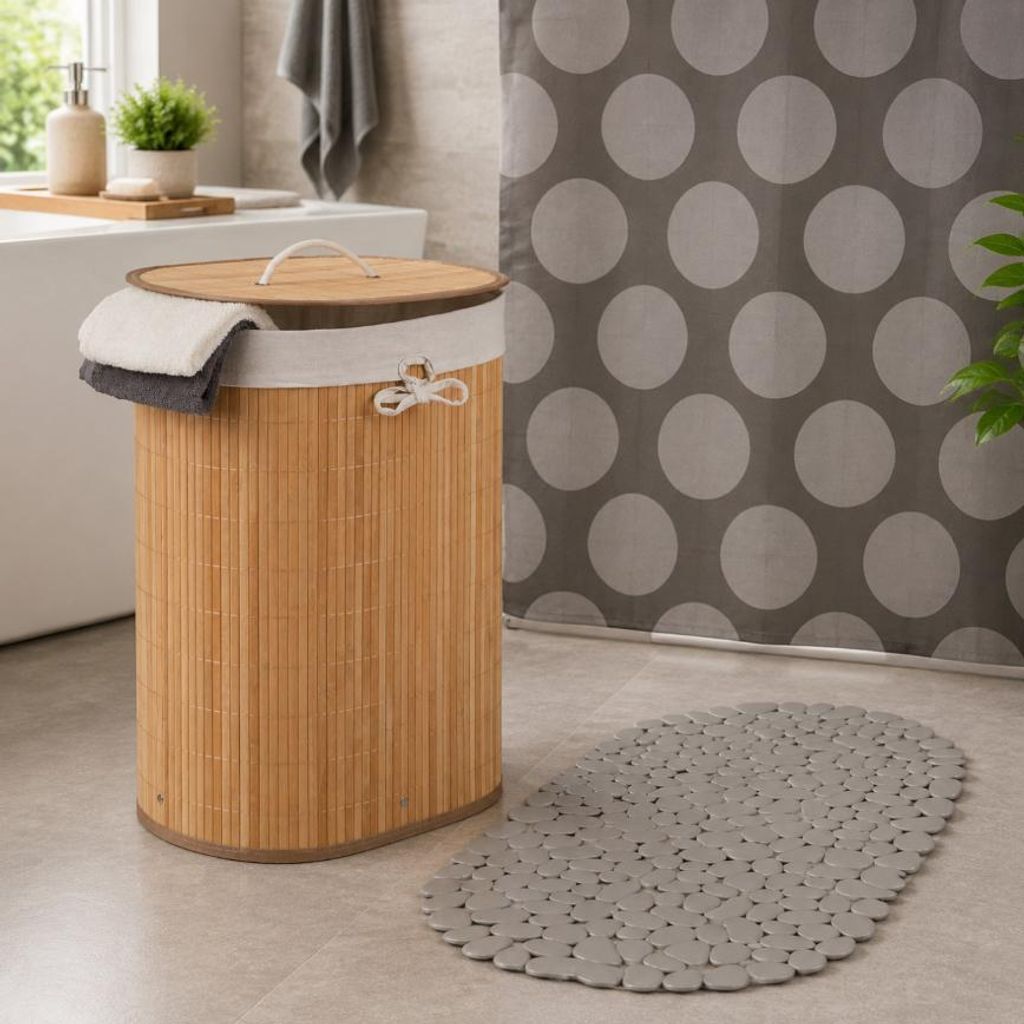 Sicherheitsset für das Badezimmer (3-teilig) – wasserabweisender Vorhang, rutschfeste Matte und Wäschekorb aus Bambus
