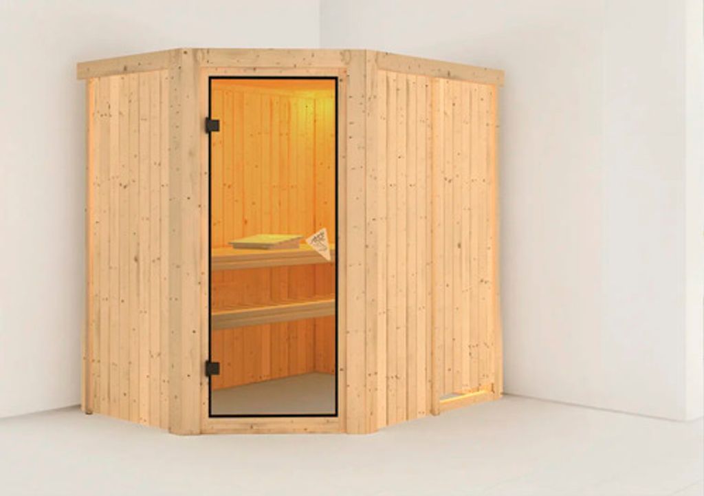Plug & Play Sauna Karibu Laja ohne Ofen und Dachkranz mit bronzierter Ganzglastüre