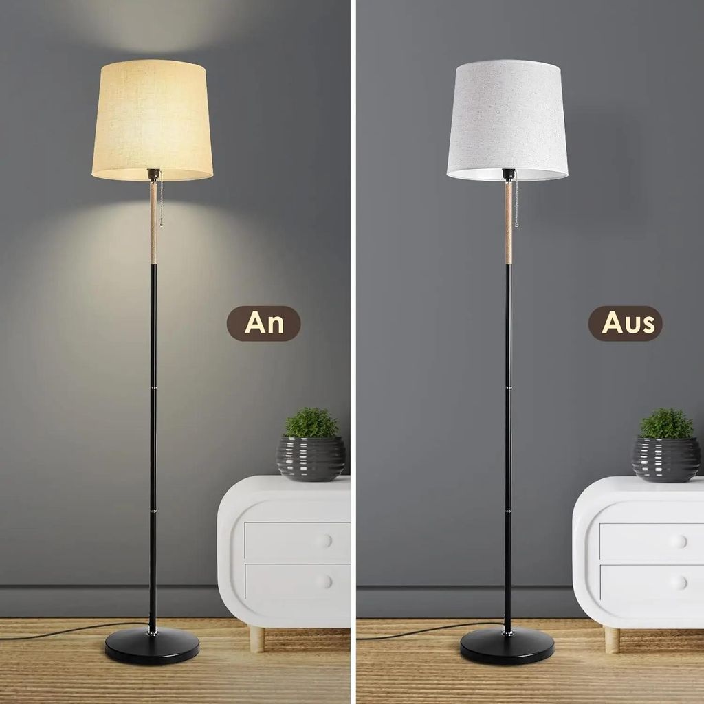 Moderne Stehlampe - Hohe Bodenlampe mit Stoffschirm - Holz-Metall-Gestell - E27 Fassung - 51–60 W - Für Wohnzimmer Schlafzimmer Büro - Cremeweiß