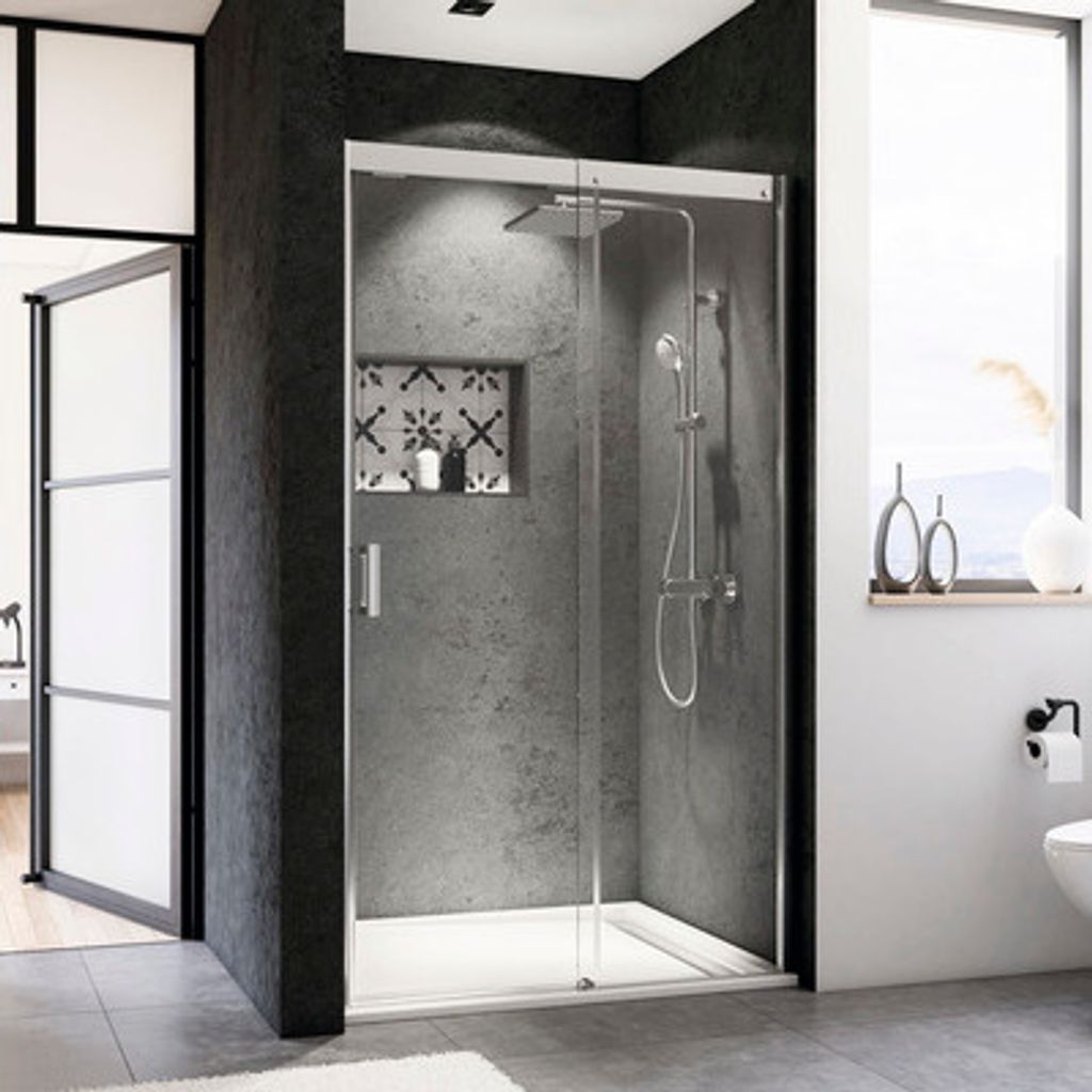 Schiebetür für Nische Breuer Panorama 120 cm Anschlag rechts Dekor Intima Profilfarbe chrom