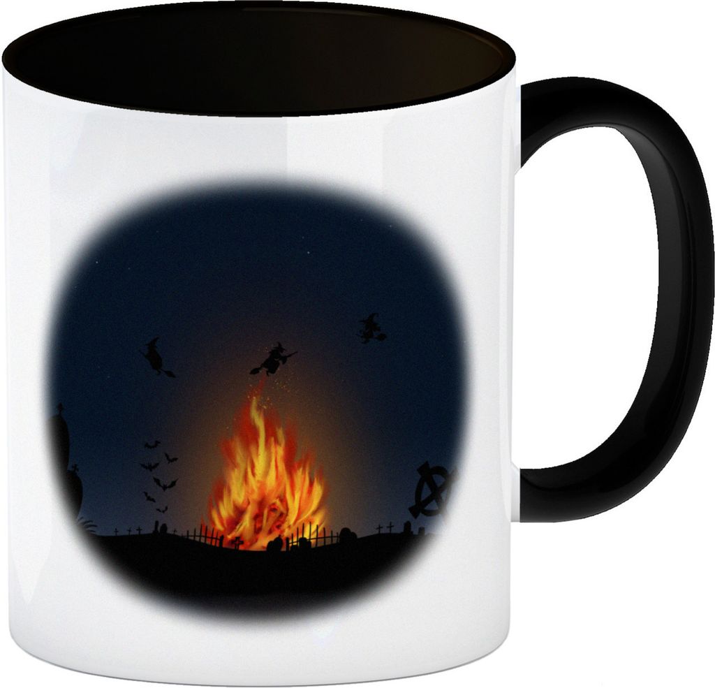 Kaffeetasse mit gruseligem Hexenfeuer Motiv und Spruch - Happy Halloween