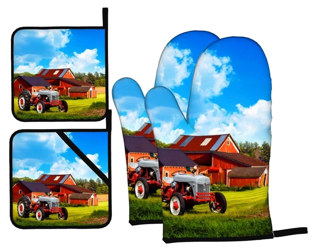 Ofenhandschuhe und Topflappen-Set, hitzebeständiger rutschfester Handschuh und Topflappen, 4 Stück, für BBQ und Backen, Bauernhof-Traktor