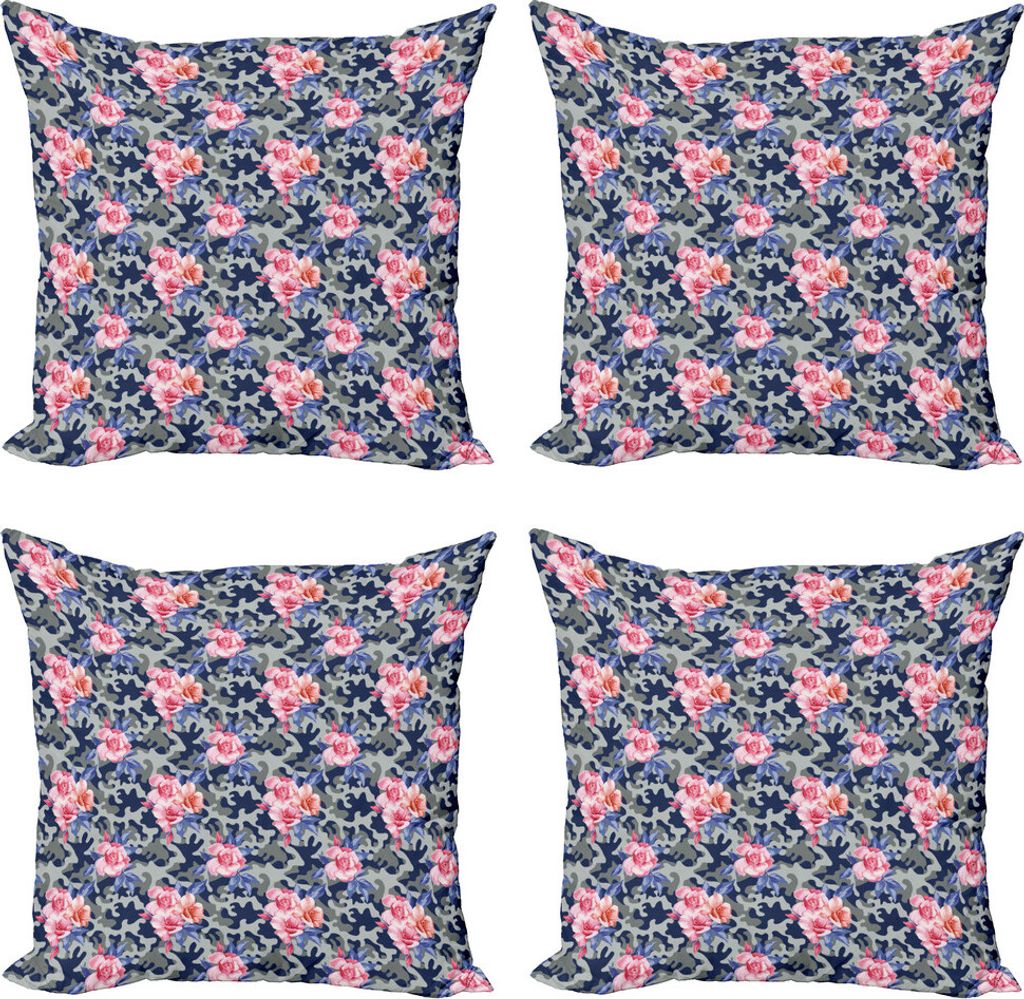 ABAKUHAUS Camo Kissenbezug Set (4 Stück), Rosa Rosen Retro Camo, Moderner Doppelseitiger Digitaldruck, 60 cm x 60 cm, Violet Blue Sage Grün