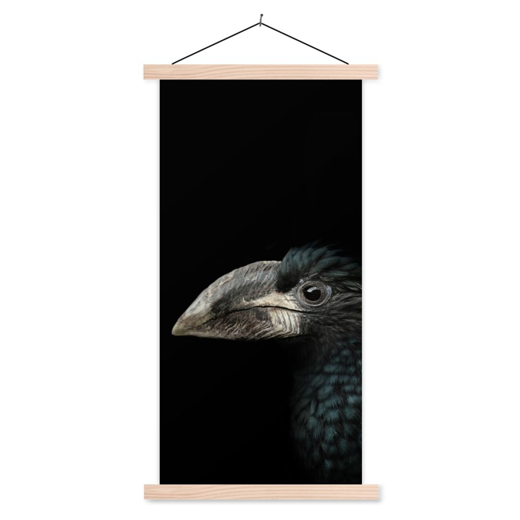 MuchoWow Textilposter Vogel - Porträt - Hornvogel - Schwarz - Tiere 40x80 cm mit holzfarbenen Rahmen - Wohnzimmer