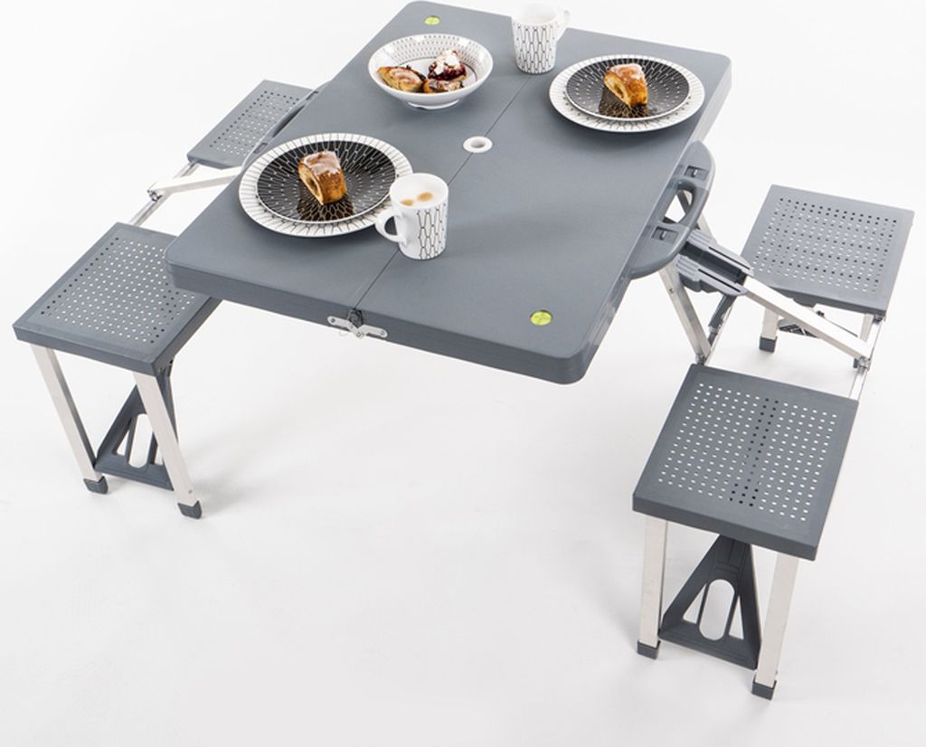 A portable picnic table with four attached seats, set up on a white background.