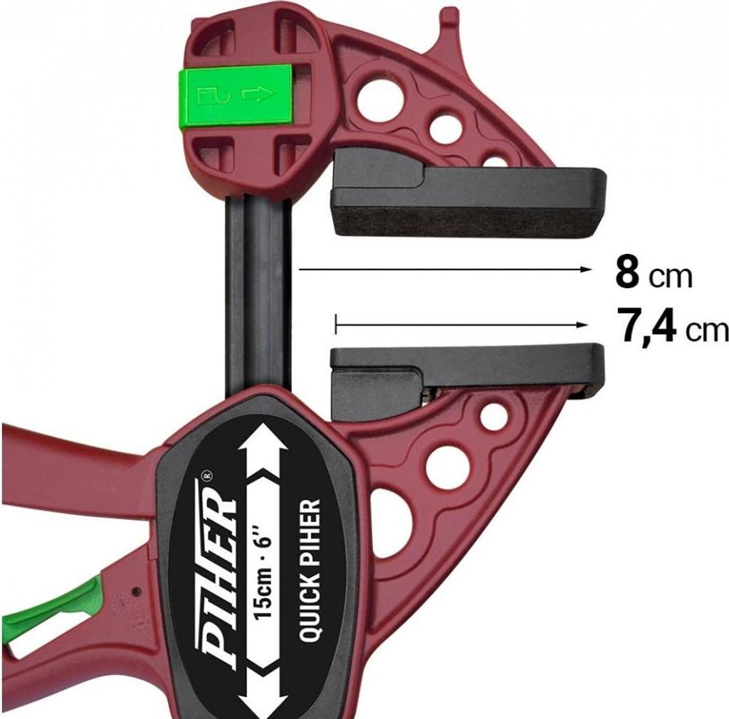 A close-up view of a red and black quick clamp with measurement indicators.