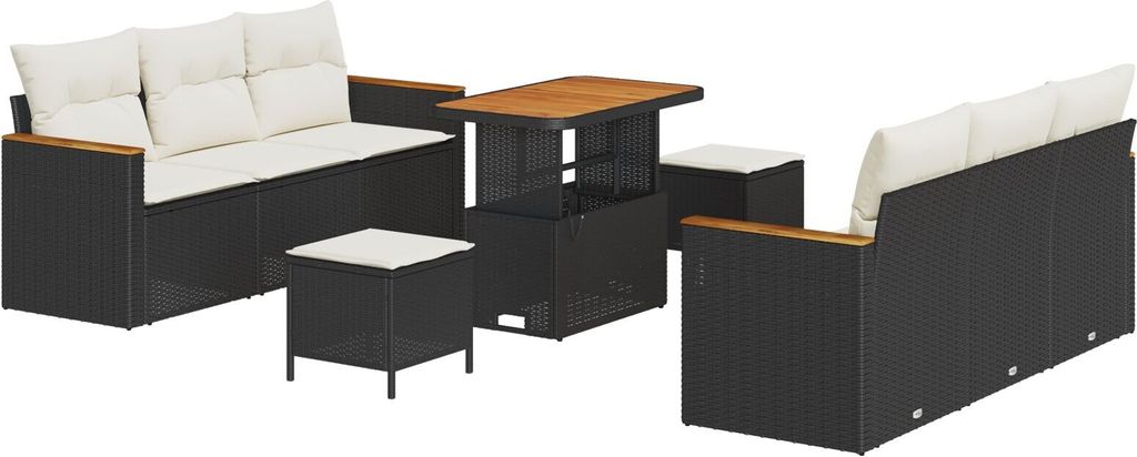 Möbel 9-teiliges Garten-Sofa-Set mit Kissen in Schwarz Poly-Rattan Akazie, 3-teiliges Garten-Dining-Set mit Kissen in Schwarz Poly-Rattan Akazie -...