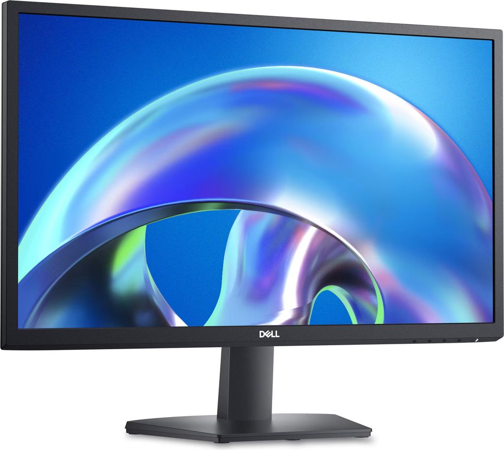 A computer monitor is displayed on its stand against a blue background with abstract graphics.