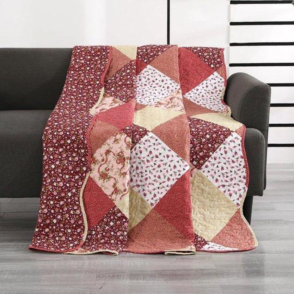 Unyqoos Wende-Patchwork-Sprei für Bett und Sofa, 150 x 200 cm, elegante Rottöne, 100% Polyester