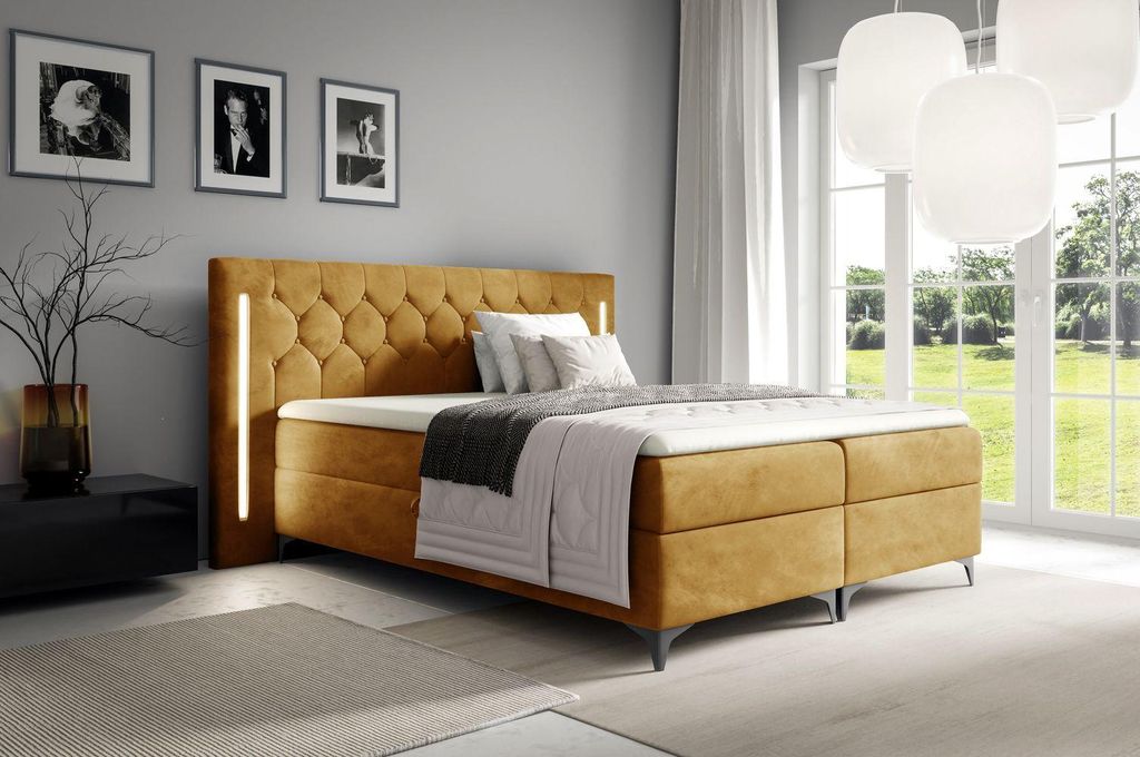 Hohes Doppelbett 180x200 ELIANE mit LED-Beleuchtung – Honig + GRATIS Matratzenauflage