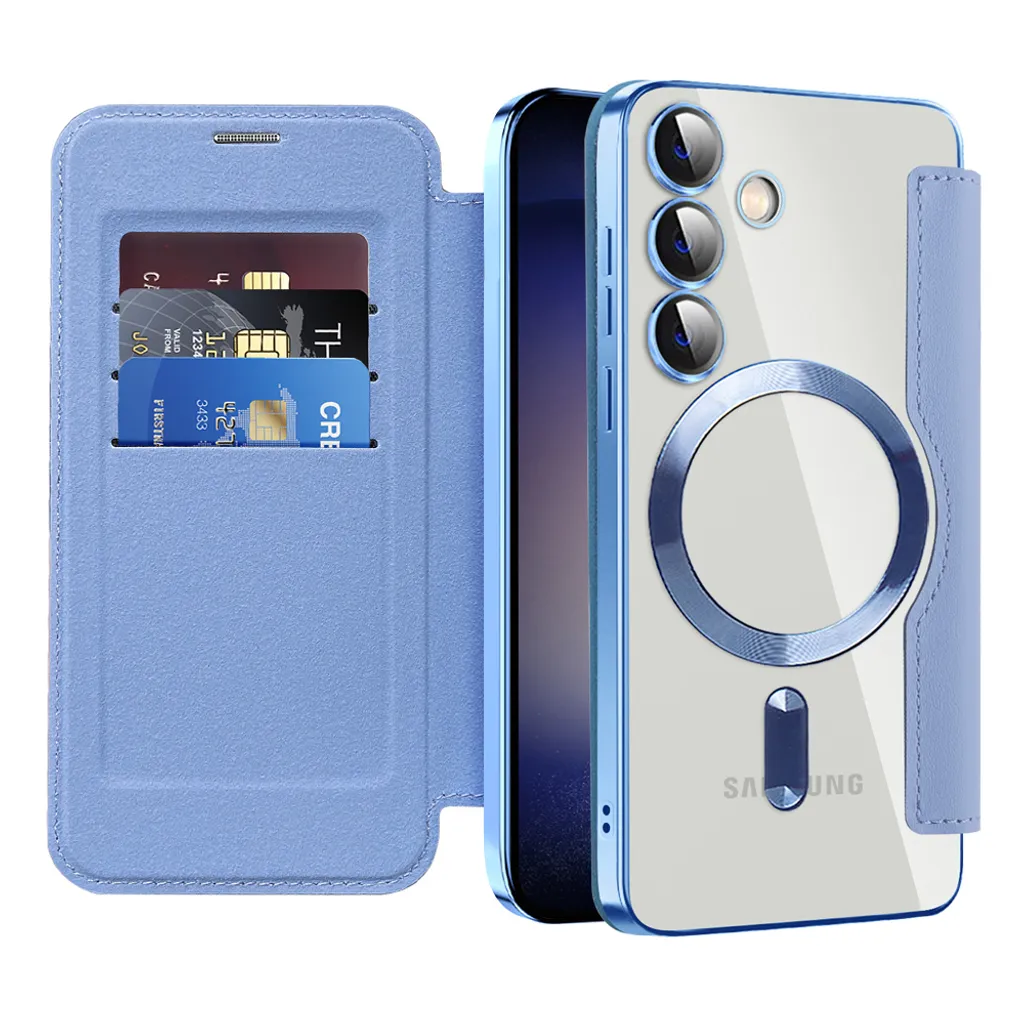 Custodia per Samsung Galaxy S24 compatibile con MagSafe, custodia trasparente con portacarte, custodia in pelle con protezione della fotocamera Azzurro