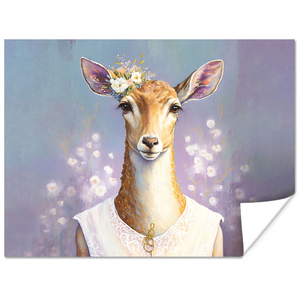 MuchoWow Poster Hirsche - Blumen - Gemälde - Porträt - Tiere 40x30 cm - Plakate für die Wände - Poster Wohnzimmer